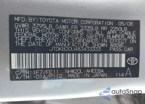 2008 Toyota Prius из США, поврежденный, VIN JTDKB20U483433333